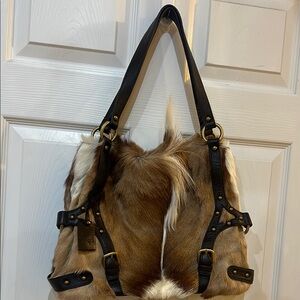 Designer-Inspired Brown Fur Shoulder Bag with Black Leather Straps Diane Gail